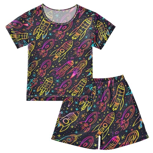 ALAZA Neon Space Starry Pajamas Set Short Sleeve Cotton Sleepwear Summer Pjs 2 Piece 5-14Y