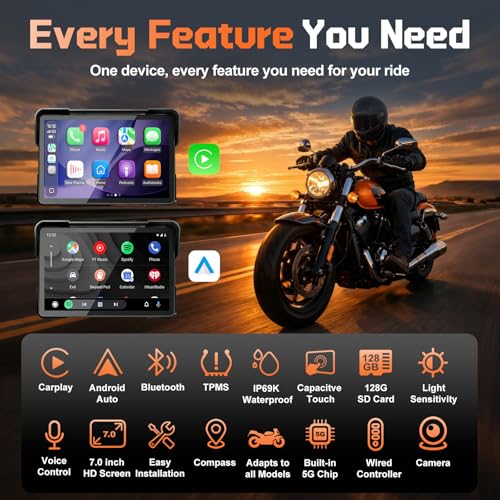 Image of 2026 LBW 7 inch Wireless GPS Motorcycle CarPlay(Includes 128G SD) with Android Auto Navigation, Dual 2K Dash Cam, HD Waterproof Screen, TPMS, Remote Control, BT, Quick Release Magnetic Design Mount
