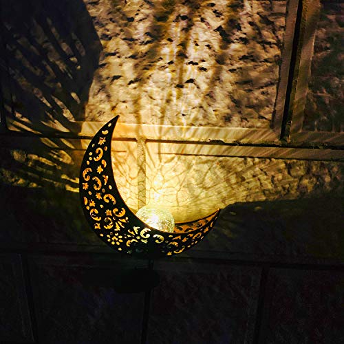 Aubasic Solar Powered Garden Lights, 2 Pack Antique Brass Hollow-Carved Metal Moon With Warm White Crackle Glass Globe Stake Lights,Waterproof Outdoor For Lawn,Patio,Yard #TOP5
