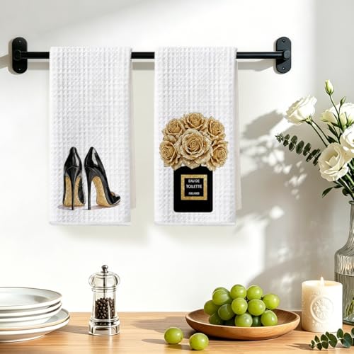 Image of 2 Pcs Gold and Black Towels for Bathroom Kitchen Decor 24x14 Inch