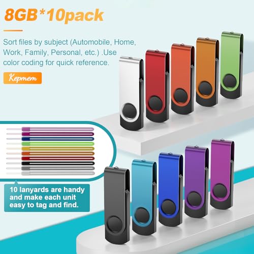 Image of 8GB USB 2.0 Flash Drive - Bulk 10 Pack Pendrives - Kepmem Swivel Multicoloured Memory Sticks with 10pcs Ropes
