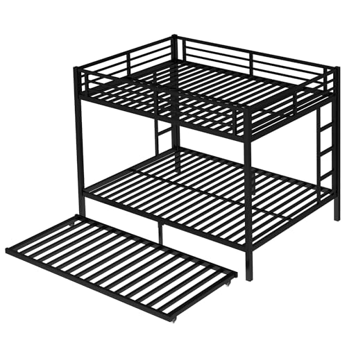 Bellemave Metal Bunk Bed with Trundle, Queen Over Queen Bunk with Trundle and Guardrail and Ladder for Kids/Teenagers, Adults, No Box Spring Needed，Black