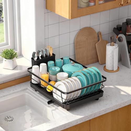 Image of MOROVIK Utensils Drying Rack /Dish Drying Rack with Drainer Tray /Anti Rust, Smart Drainage System Drainboard with Detachable Cutlery Holder /Kitchen Vessels Organizer & Water Utensils Basket (Black)