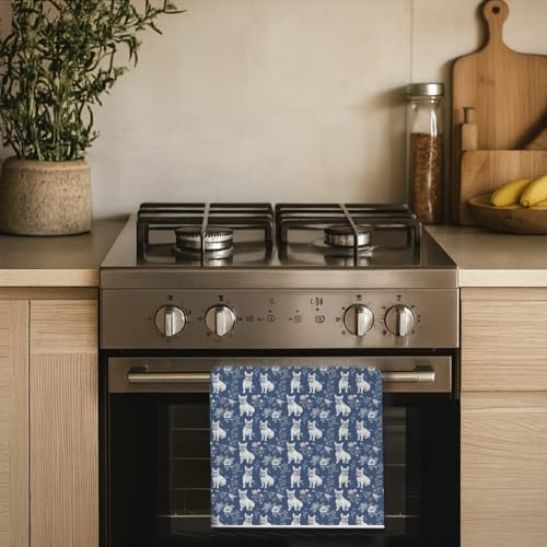 Image of Blue Chinoiserie French Bulldog Dish & Hand Towel, Dog Lover Gifts for Women Mom, Vintage Floral Dog Kitchen & Tea Towels for Kitchen Bathroom Decor, 16x24 Inch