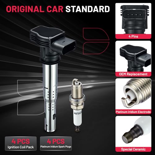Image of BDFHYK Ignition Coil Pack UF575 and Iridium Spark Plug PFR7S8EG Compatible with Audi A3 A4 A5 A6 Q5 Quattro 2011-2017 Volkswagen Jetta Tiguan Golf GTI Passat Audi Oem Coil Pack 2.0L l4 Set of 4