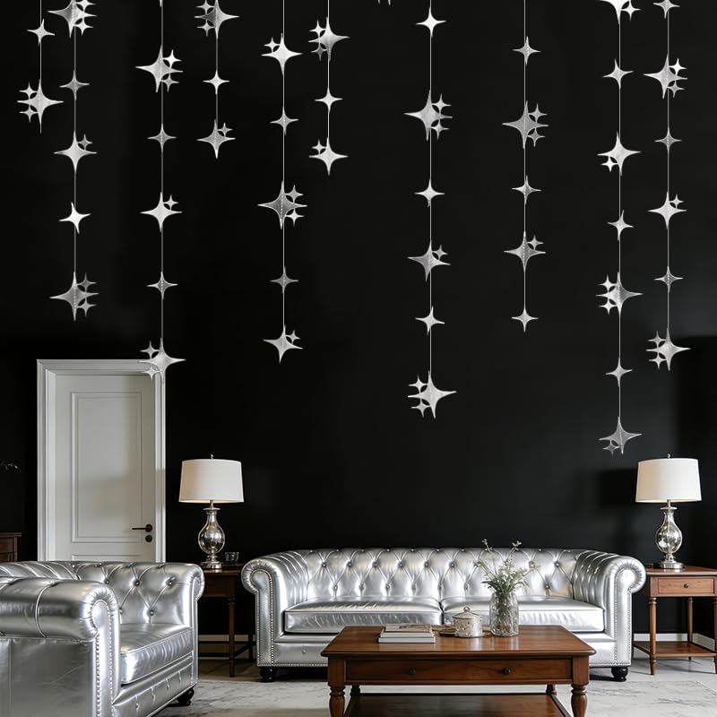 Image of Glitter Silver Four-Angle Star Paper Garland Banner Decor 40 Feet Twinkle Silver Star Hanging Bunting Banner Backdrop for Wedding Baby Shower Birthday Graduation Disco Party Decorations