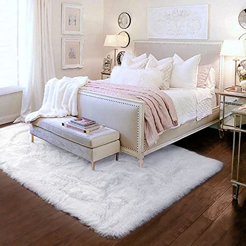 Amdrebio White Area Rugs for Bedroom, Shag Fluffy Rug for Living Room, Modern Furry Shaggy Throw Rug for Kids Room, Teen Girls, Dorm, Baby Nursery, Cute Fuzzy Fur White Carpet, 4x6 Rug, Home Decor