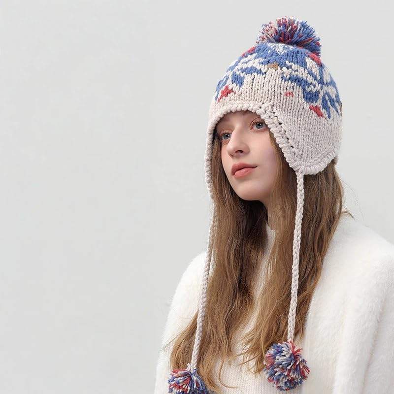Women Cute Beanie Hat with Pom Warm Ski Snow Ear Flaps Snowflake Fair Isle Pattern Crochet Hats with Fleece Lined - Image 2