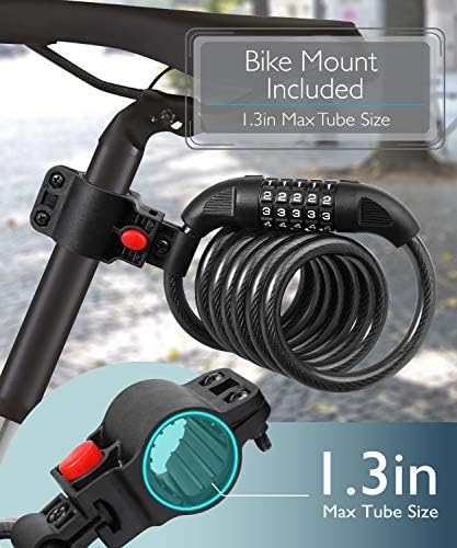 Fosmon Bike Lock Cable (4 Feet), Heavy Duty 5-Digit Self Coiling Resettable Combination Code, Bicycle Chain Flexible Steel Security Cable Lock with Bike Mount Holder - Black - 2