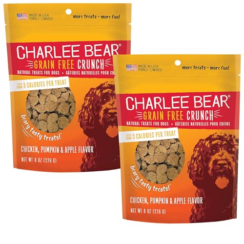 Charlee Bear Dog Training Treats for Small, Medium & Large Breeds, Crunchy Low Calorie Grain Free Dog Treats, USA Made, Chicken, Pumpkin & Apple, 2 Pack, 8oz Each