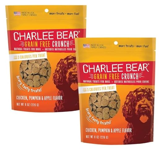 Charlee Bear Crunchy Dog Training Treats, Low Calorie (3 Kcal), Grain Free Natural Mini Treats for Puppies, Small, Medium & Large Dogs, USA Made, Healthy Chicken, Pumpkin & Apple Flavor 8oz (2-Pack)