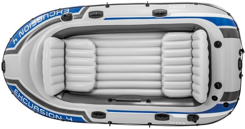 Image of Exursion 4, 4 Person Inflatable Boat for Flood Rescue, Adventure, Rafting, Fishing, for Fun and Enjoyment in River with Friends and Family, Included Oars & Air Pump (68324)