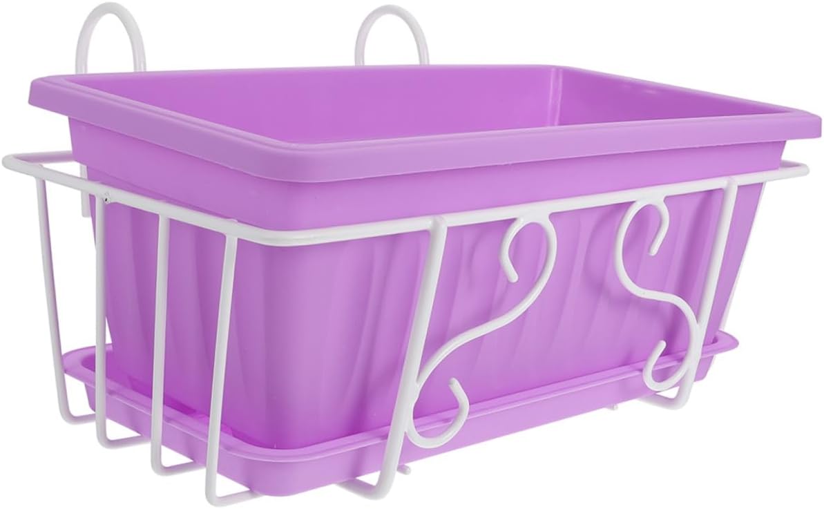 Toyvian Rectangular Hanging Planter with Purple Resin Pot and White Iron Frame, Medium Garden Vegetable and Flower Container with Saucer for Balcony Railing and Outdoor Home Use