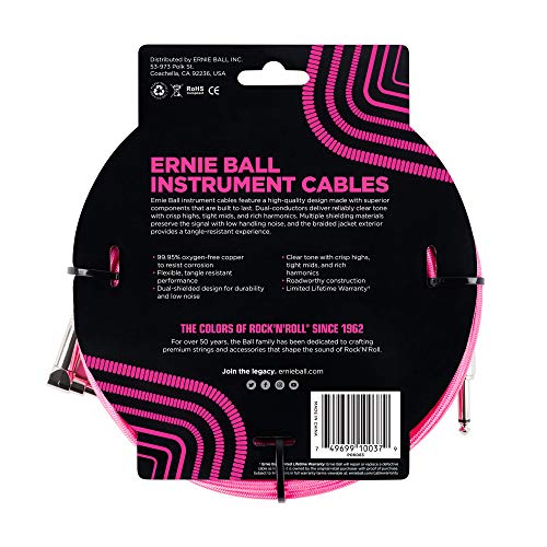 Image of Ernie Ball Braided Instrument Cable, Straight /Angle, 18ft, Neon Pink (P06083)