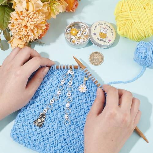 PLIGREAT 2 Sets Black Flowered Cat Knitting Row Counter Cute Locking Stitch Markers Chain for Easy Count Grandma Mom Gifts Quilting Weaving Sewing Tools DIY Jewelry Making Accessories