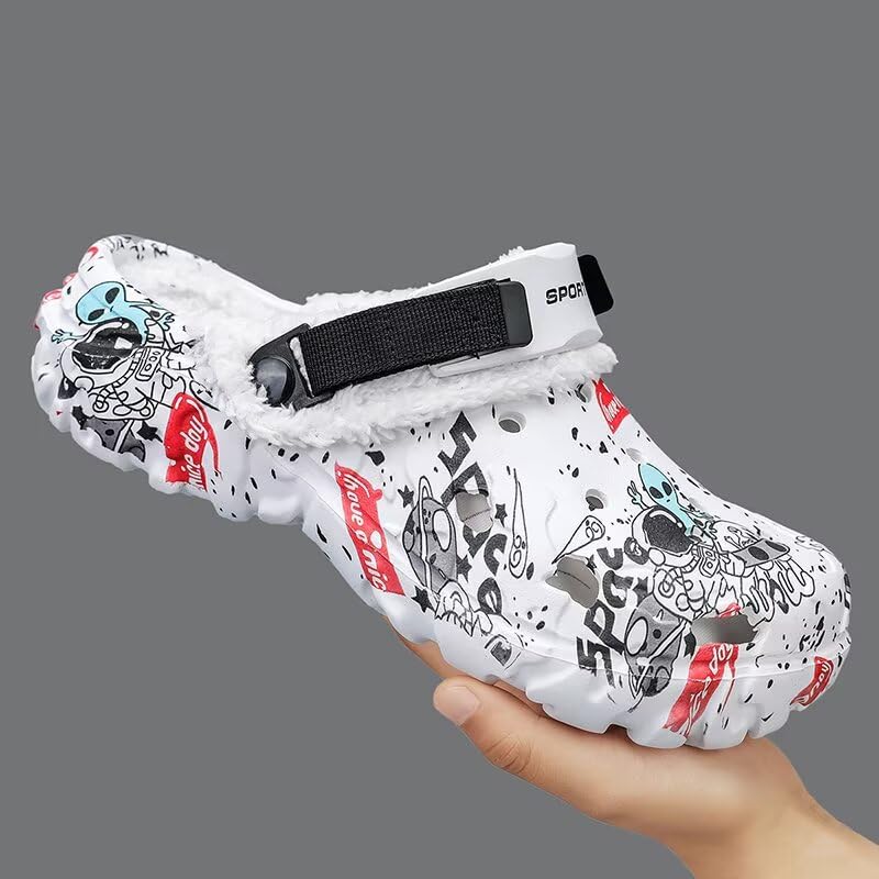 Image of Men's Printed Fuzzy Lined Clogs Winter Slip On Shoes | Warm Plush Lined Clog Shoes with Graphic Design, Lightweight Closed Toe Casual Footwear for Indoor Outdoor Wear