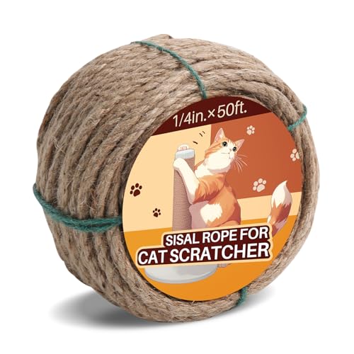 Sisal Rope for Cat Scratcher 1/4" 50 Ft Cat Tree Rope Twine for Repairing Cat Scratching Post Replacement DIY Hemp Rope for Carpet Mat Kicker House, Pet Toy, and Crafts Gardening Home Decorating