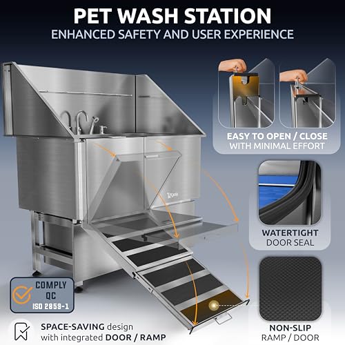 Image of KANIS Professional Dog Washing Station 304 Stainless Steel Pet Wash Sink & Grooming Bathtub w /Shower, Floor Grates and Storage for Large, Medium & Small Pets (Silver, 50 Inches, Left Ramp, 2 Drawers)