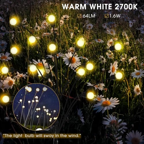 Image of PremiumAV Solar Firefly Lights for Garden Decor - 2-Pack, 12 LED Warm White Outdoor Fairy Lights for Yard, Patio, Landscape & Pathway Lighting