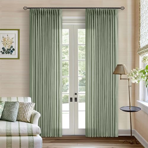 Image of Sage Green Linen Curtains Pinch Pleated 84 Inches Long for Living Room Bedroom Pleat with Rings Back Tab Semi Sheer Curtains 84 Inch Length 2 Panels Set Light Filtering Farmhouse Drapes Light Green
