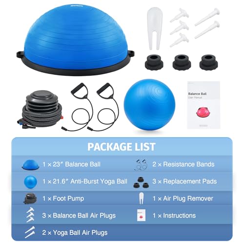 Image of Z ZELUS Half Exercise Ball Stability Balance Board with Resistance Bands for Men and Women (Blue, 23 Inch )