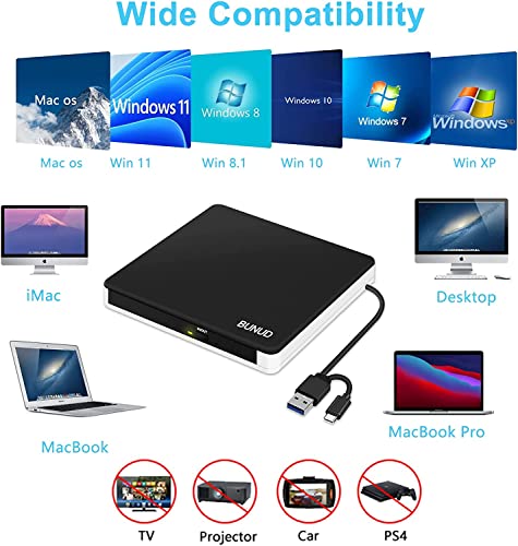Image of BUNUD External CD DVD Drive: CD Burner Reader Writer SuperDrive with USB 3.0 & Type C Port and TF /SD Slots - Plug & Play DVD Player for Laptop PC Mac Windows 11 Linux