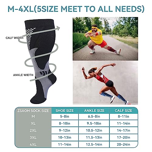 ZSAOH Plus Size Compression Socks Wide Calf Women Men,M-4XL 20-30mmhg Large Calf Compression Stockings for Nurse Sport Travel(BlackBlue,2Pair,XL)