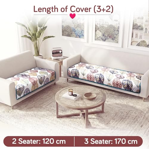 Image of HOKIPO 'Homehues Series' Printed Quilted 5 Seater Sofa Cover Set - Washable 3+2 Sofa Cover Mat | Multicolor Linden Leaf (IN-807 + IN-809 - D7)