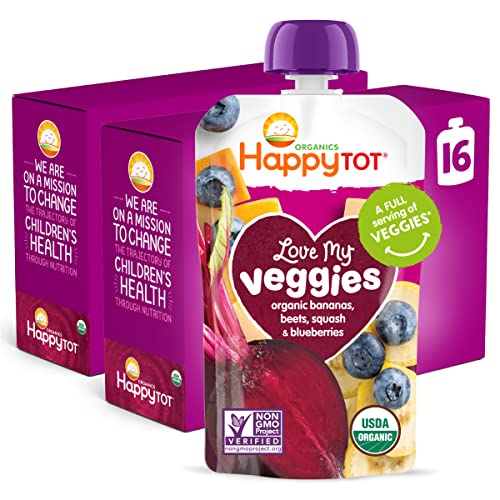 Happy Tot Organics Love My Veggies Stage 4, Banana, Beet Squash & Blueberry, 4.22 Ounce Pouch (Pack of 16) packaging may vary