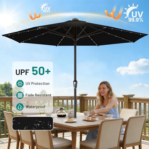 Image of AreShark 11FT Large Patio Umbrella with Solar Lights, Lighted Solar Umbrella with Crank, Outdoor Table Market Umbrellas for Garden, Deck, Backyard, Pool and Beach, Black