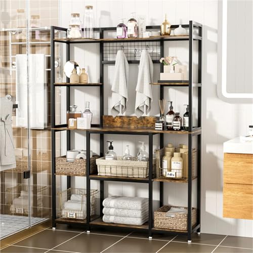 La cocina se encuentra en la ranura de 5 capas de gran panadería, soporte para microondas industrial, estante de almacenamiento de cocina con ganchos y estantes para especias, ollas y sartenes