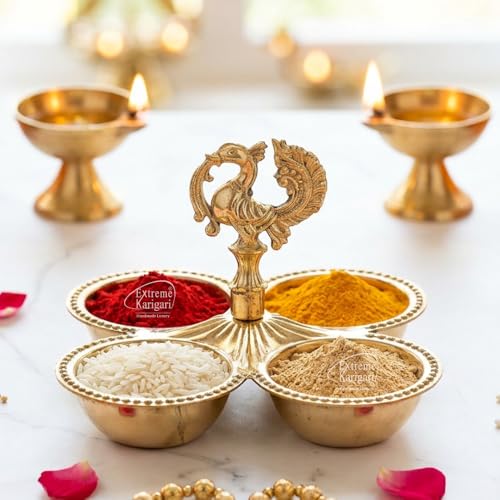 Image of Brass Kankavati Haldi Kumkum Container | Traditional Pooja Sindoor, Chawal Holder | Peacock Design 4 Bowl Pooja Accessory for Festivals, Gifting & Home Mandir (Brass Polished, Small)