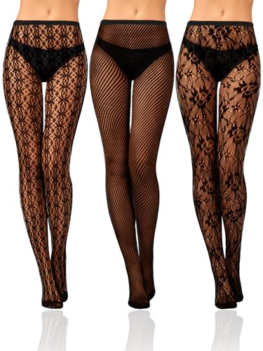 Bencailor 3 Pairs Halloween Women Fishnet Stocking Black Floral Tight Legging Stockings Small Hole High Pantyhose Waist Lace