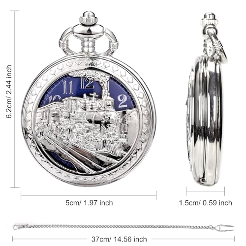 Image of SIBOSUN Antique Men Pocket Watch with Chain Oversized 50MM 1.96 Inch 3D Locomotive Steam Train Railroad Hollow + Box