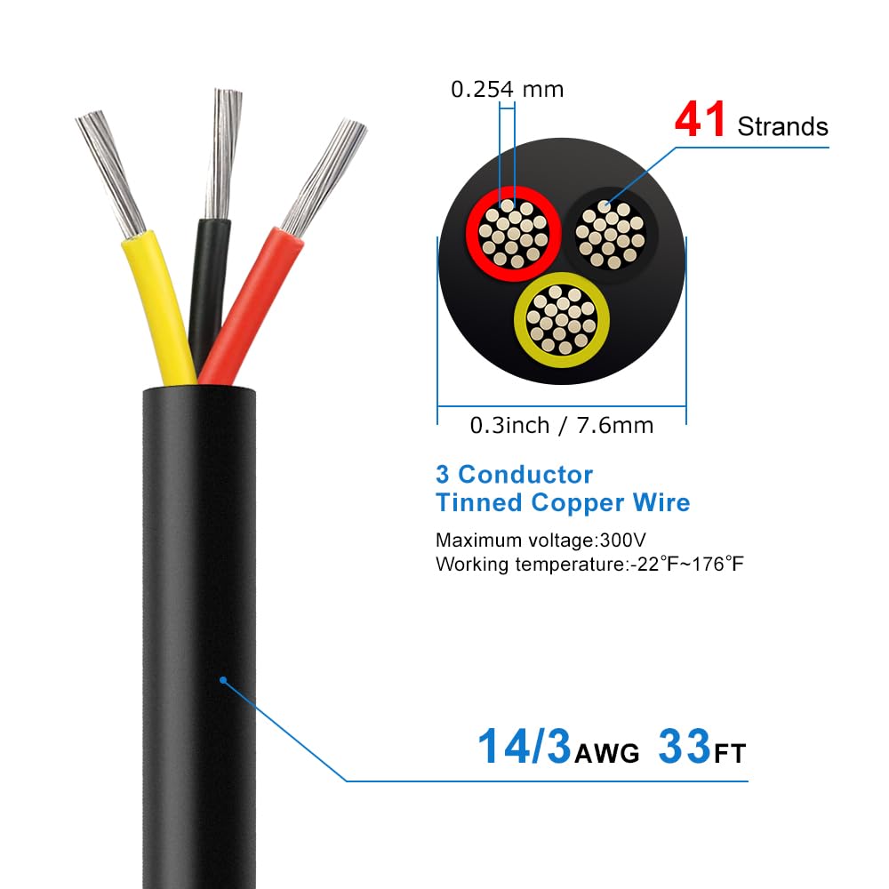 14 Gauge 3 Conductor Electrical Wire, 33FT 2464 14AWG 3 Wire Cable Black PVC Stranded Tinned Copper, 14/3 Cord Extension Low Voltage Cable