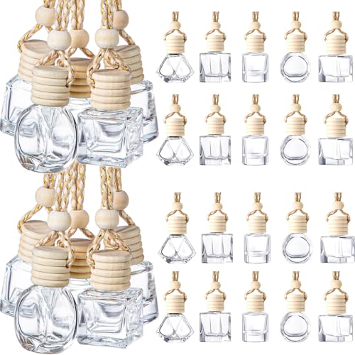 Image of Zubebe 500 Pcs Hanging Car Diffuser Bottles Bulk, 5 Styles Empty Glass Refillable Air Freshener Bottles with Wooden Cap for Perfume Essential Oils Fragrance Aromatherapy Ornament, 8ml 10ml