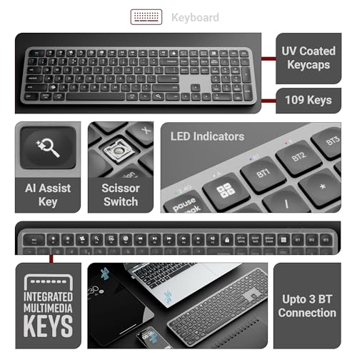 Image of Zebronics Wireless Keyboard & Mouse Combo, 2.4GHz + Multi BT Toggle, Scissor Switch, Mac & Win Toggle, UV Coated Keys, Multimedia Keys, Upto 1600DPI, Type-C Charging, High Precision (Companion 5002)