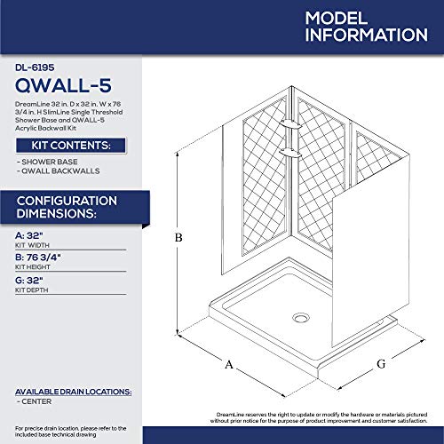 Dreamline 32 In. D X 32 In. W X 76 3/4 In. H Center Drain Acrylic Shower Base And Qwall-5 Backwall Kit In White, Dl-6195C-01 #TOP1