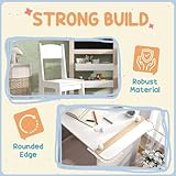 AIYAPLAY Kids Table and Chair Set, 3 in 1 Art Toddler Table and Chair Set with Storage Shelves, Foldable Blackboard, Whiteboard & Roll Paper, for 3-8 Years, White - Image 6