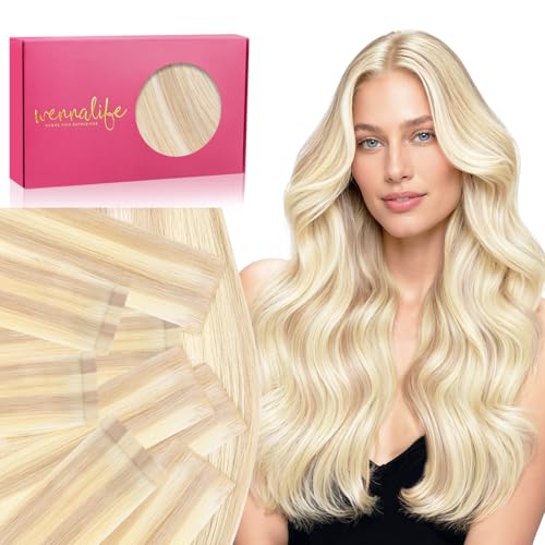 Image of WENNALIFE Invisi Edge & Classic Tape in Hair Extensions Human Hair | 20 Inch 50g 20pcs (Invisi Edge & Classic) Balayage Light Wheat Platinum Blonde Invisi Remy Hair Natural Seamles