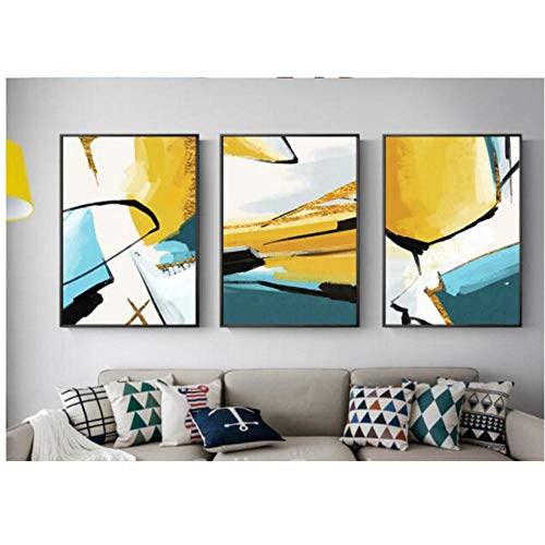 Abstrait Wall Art Toile Peinture Affiche Jaune Bleu Marbré Noir Ligne Décoration de La Maison Pour Le Salon 40X60Cmx3 Pcs Sans Cadre Cover