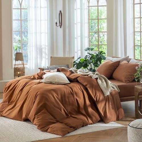 Image of MooMee Duvet Cover Set 100% Washed Cotton Linen Like Twin | Relaxed Linen-like Texture. Soft, Breathable & Long-lasting Comfort. Lightweight. Hidden Zipper with 8 Interior Corner Ties