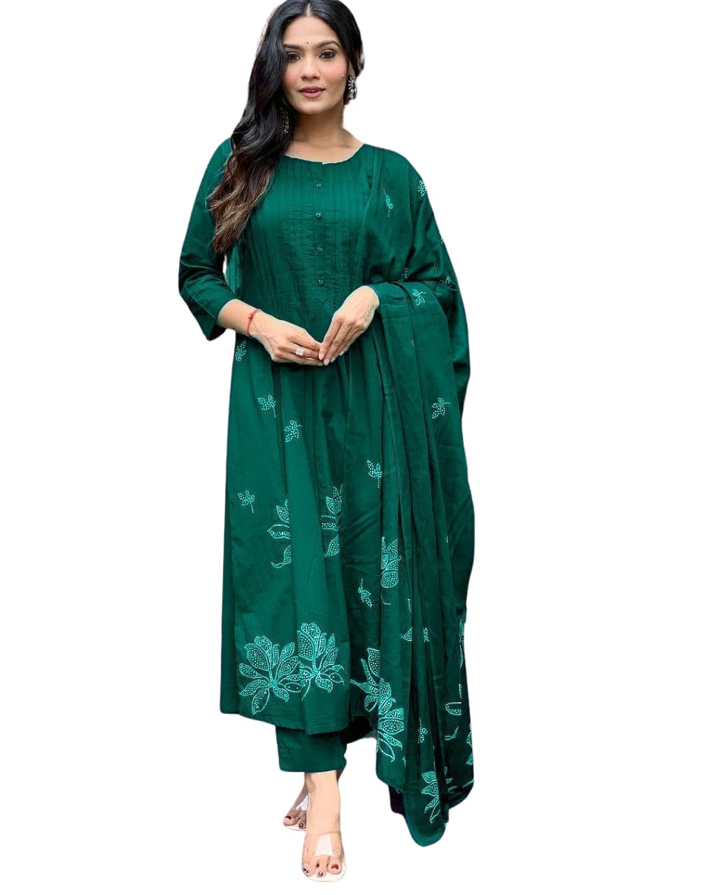 Women's Cotton Embroidery Floral Printed Long Straight Kurti With Pant And Dupatta Set-picture-25