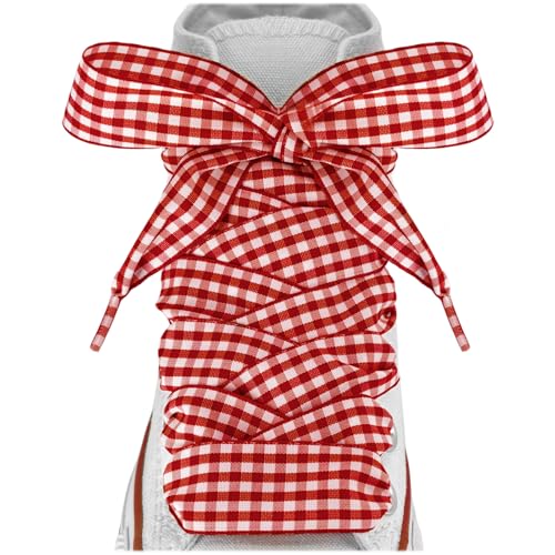 Lacesgian 1 Wide Gingham Ribbon Shoe Laces for women sneakers Flat Checkered Plaid Fun Satin Shoelaces Replacement Strings (S-Red White 54/140cm)