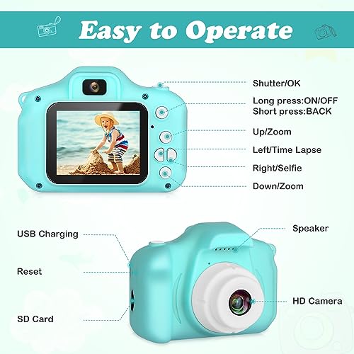Image of Omeron (2 Years Warranty) Kids HD Camera 13MP Dual Lens Photo Video Selfie Toy Camera with Filters, Games, Rechargeable Battery, Educational Gift for Boys & Girls Age 4-15 (Green)