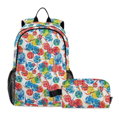 siphylline Mochila y lonchera colorida con balones de fútbol para niños, mochilas escolares para niñas con loncheras para niños de 10 a 12 años