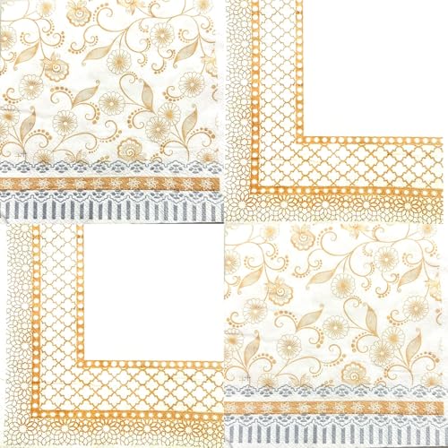 Image of Silk Touch Printed Paper Napkins (50 Pulls Per Pack, 200 Sheets, 33 X 33 cm) | Pack of 4 Printed Tissues | 2 PLY Table Napkins | Party Essential | Floral and Geometric Patterns, Gold and Silver