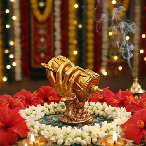 Image of Shiva Damru Statue 3 Inch - Golden Polyresin Idol for Car Dashboard, Home & Office Decor, Pooja Room, Living Room - Shiv Ji Murti Gift for Birthday, Anniversary, Housewarming