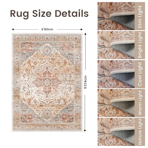Rugland 6x9 Area Rugs - Stain Resistant Washable Rug, Anti Slip Rugs for Living Room, Vintage Tribal Area Rugs(Medallion 01-Orange/Grey, 6'x9')