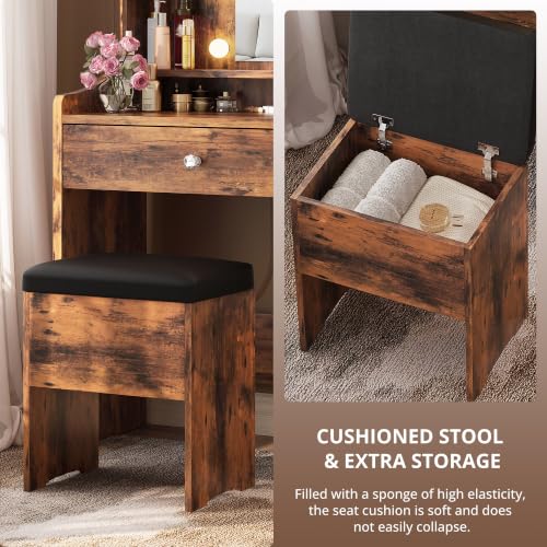 Image of LIKIMIO Small Vanity Desk with Mirror Lights, Storage Stool, Vintage Brown